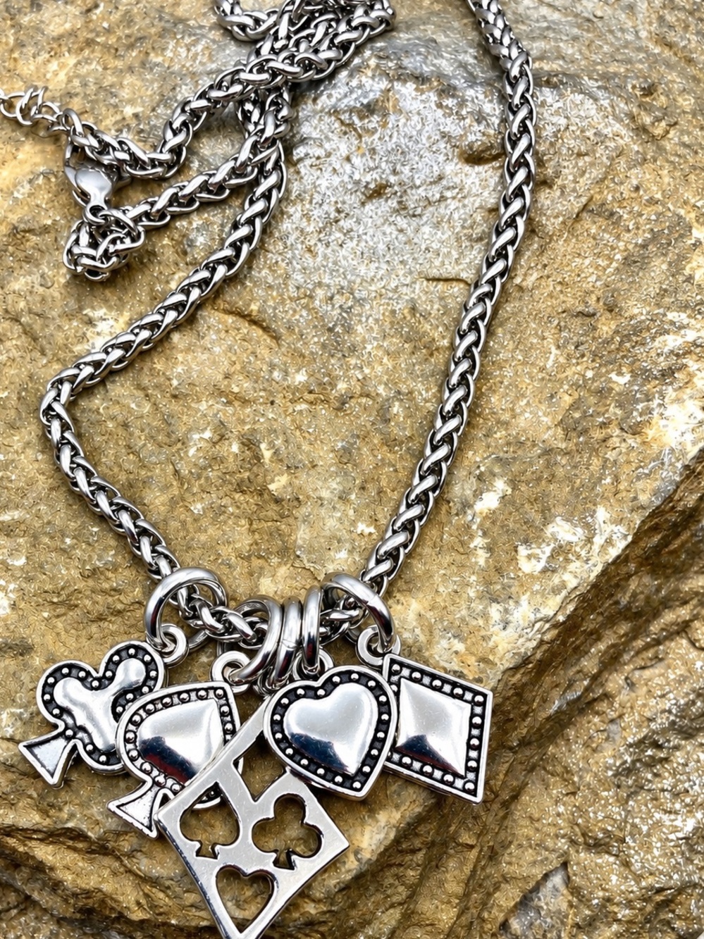 Silver Tone Card Suit Charm Necklace